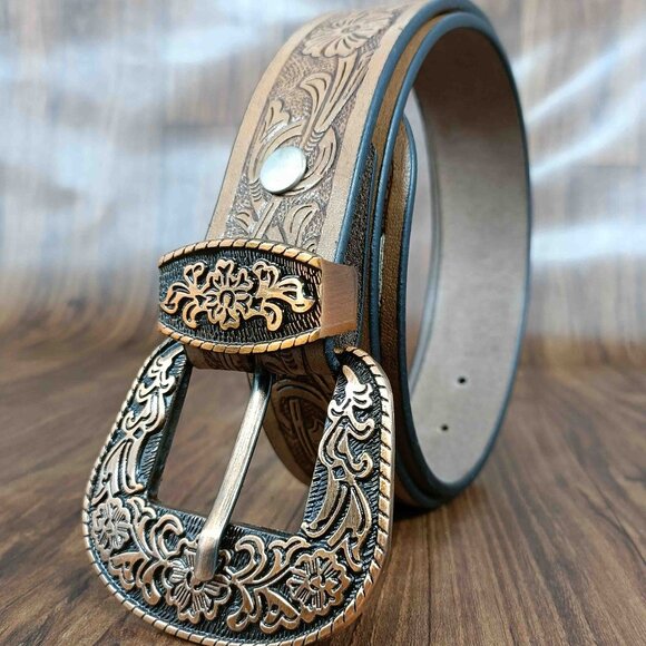 Western Leather Belt with Engraved Floral Tooling, Unisex Design - Picture 2 of 12